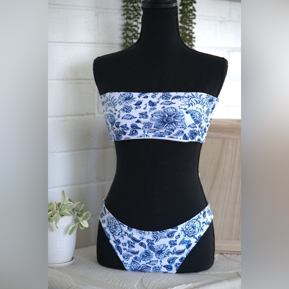 Blue and White Floral Bandeau Bikini